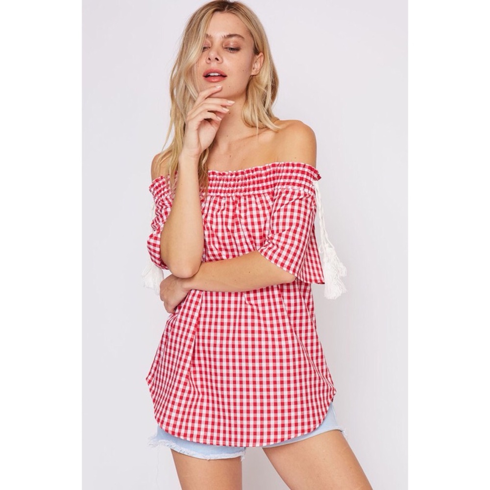 LAST ONE!! Off Shoulder Gingham Print Top - Picture 4 of 5